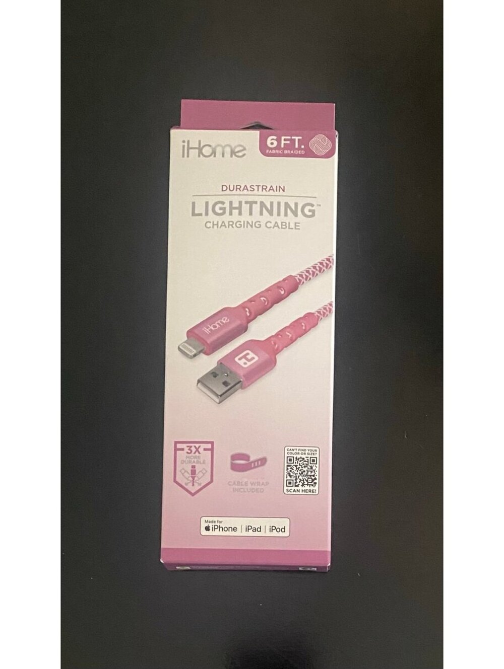 IHOME 6ft Lightning to USB-A Nylon Cable Pink